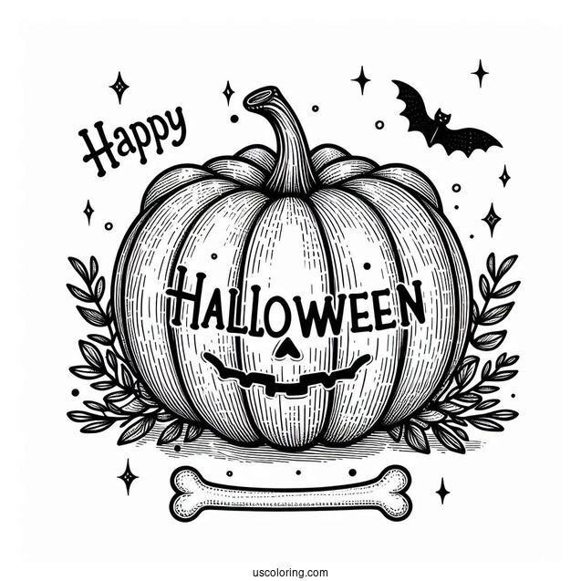 Pumpkin Coloring Page With Happy Halloween In Bones To Color