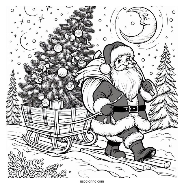 Santa Claus Hauling a Christmas Tree In The Snow