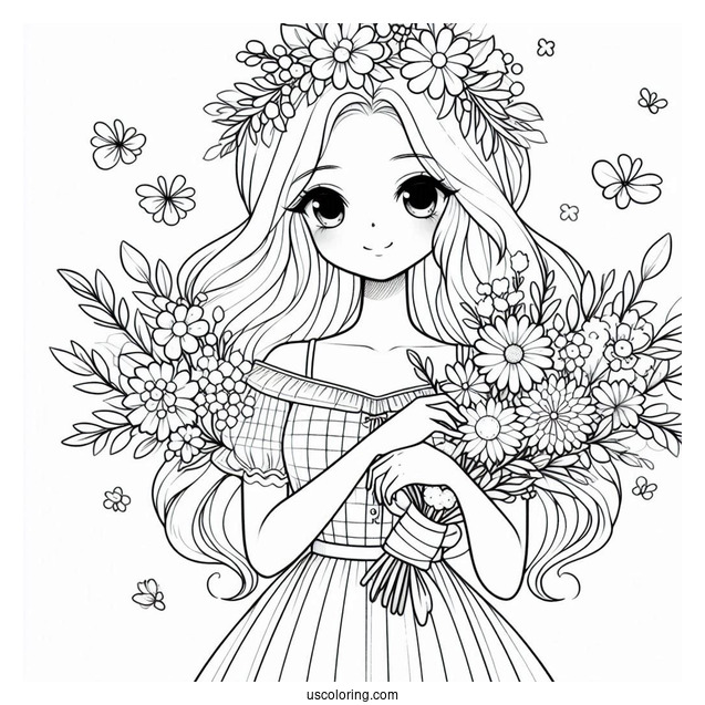 Cute Coloring Page Fashionable Women Holding Flowers And Fruits