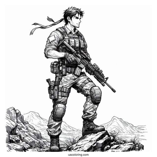 Armed Male Soldier Coloring Page Standing On Top Of Rocky Terrain