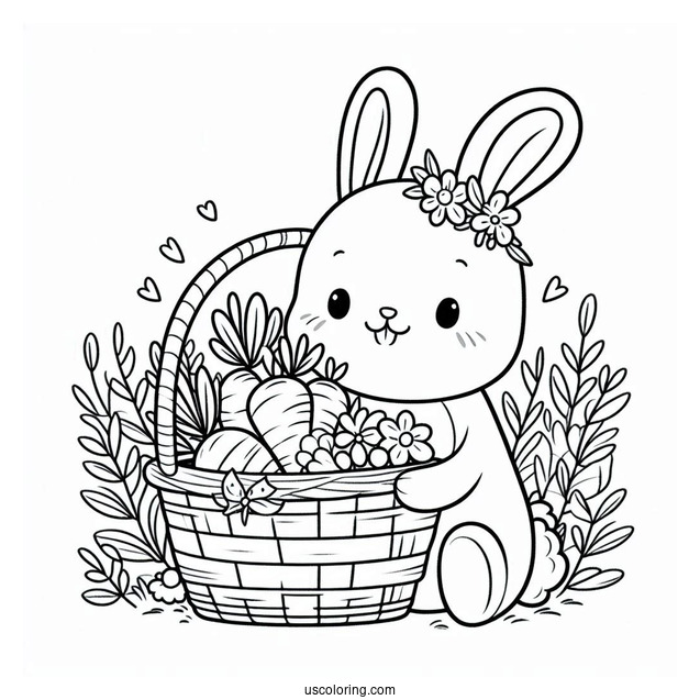 Lovely Easter Coloring Page Of Bunny With A Basket Of Carrots