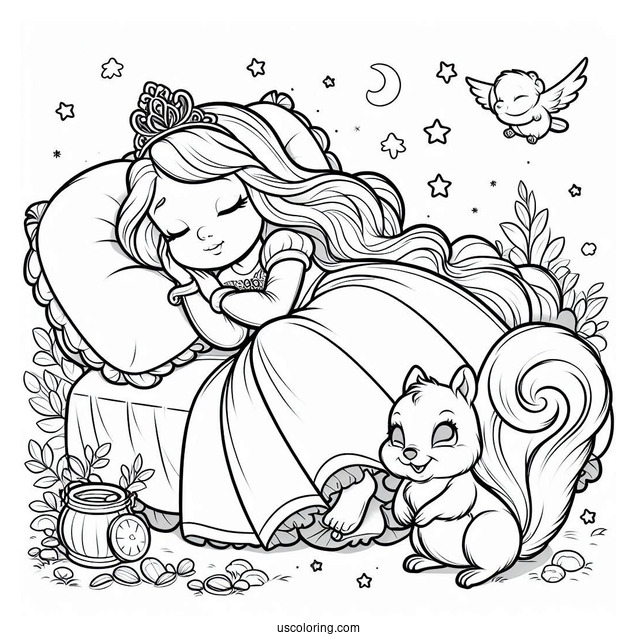 Sleeping Beauty Coloring Page Of Baby Princess Aurora Playing With A Squirrel For Kids