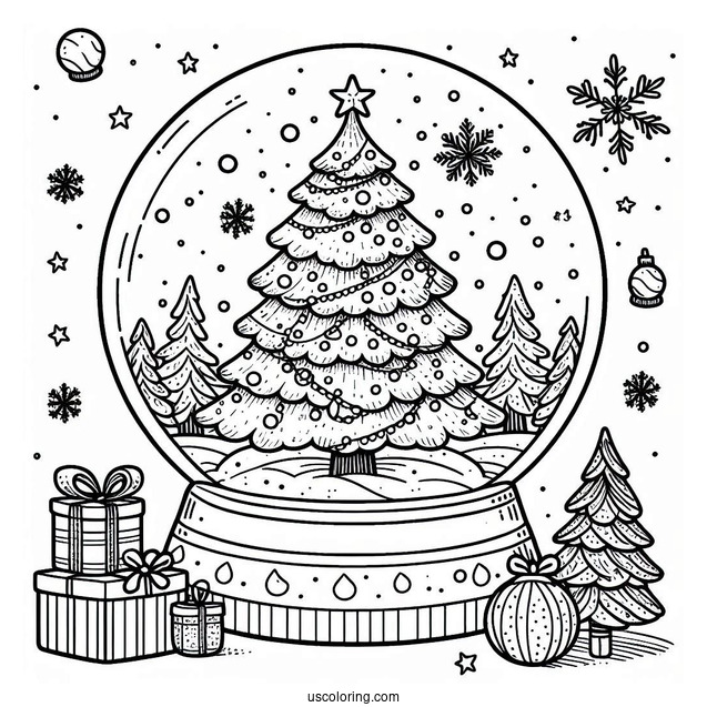 Christmas Tree With Presents Snow Globe Coloring Page