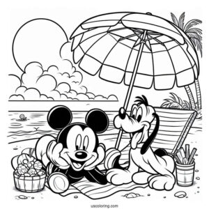 Mickey Mouse And Pluto Lounging At The Beach Coloring Page
