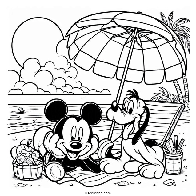 Mickey Mouse And Pluto Lounging At The Beach Coloring Page