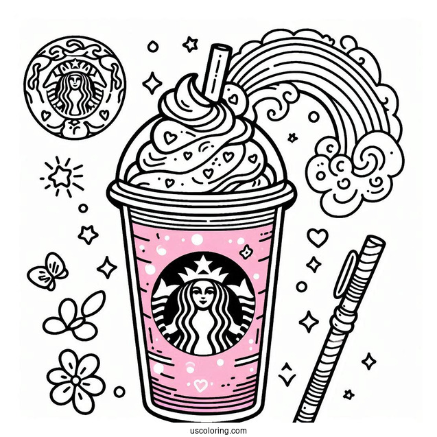 Easy Starbucks Coloring Page Of Frappe With Straw Outline For Kids