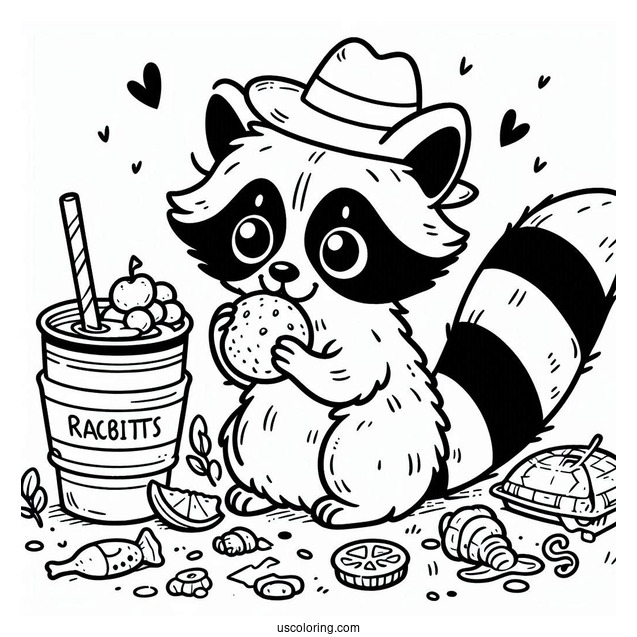 Happy Raccoon Coloring Page With Leftover Food