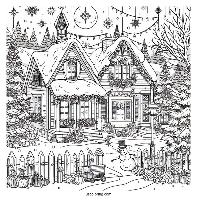 Christmas Coloring Pages For Adults Of Detailed Landscape Of Houses In Christmas Winter Wonderland