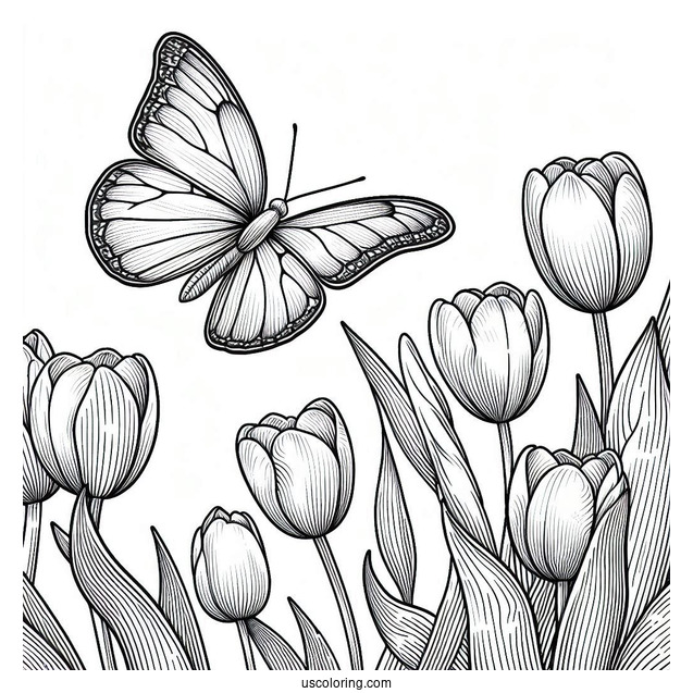 Realistic Outline Of Butterfly Hovering Over Tulips