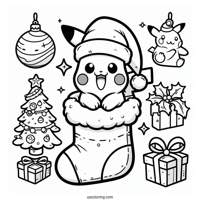Pokemon Christmas Coloring Page Kawaii Pikachu Inside A Christmas Stocking For Kids