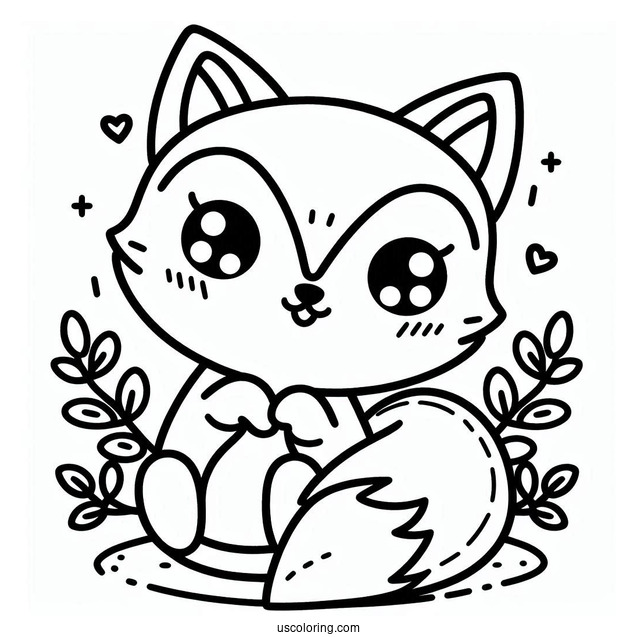 Kawaii Happy Fox Coloring Page For Kids