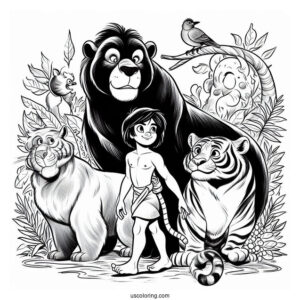 Jungle Book Coloring Page Of Mowgli, Baloo, King Louie, Shere Khan, And Kaa