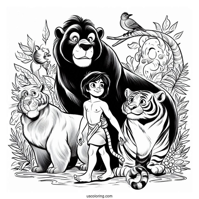 Jungle Book Coloring Page Of Mowgli, Baloo, King Louie, Shere Khan, And Kaa