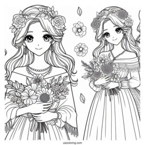 Cute Coloring Page Fashionable Women Holding Flowers And Fruits