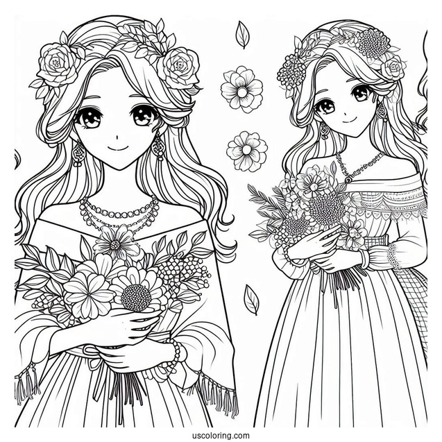 Cute Coloring Page Fashionable Women Holding Flowers And Fruits
