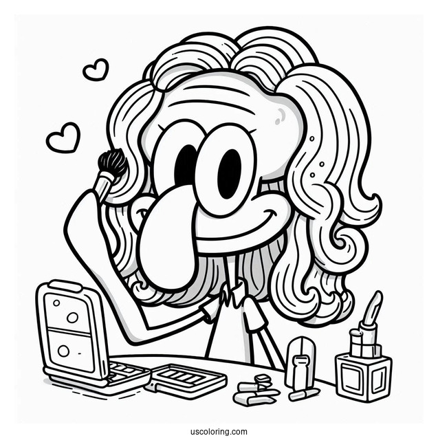 Squidward Coloring Page Putting On Wig