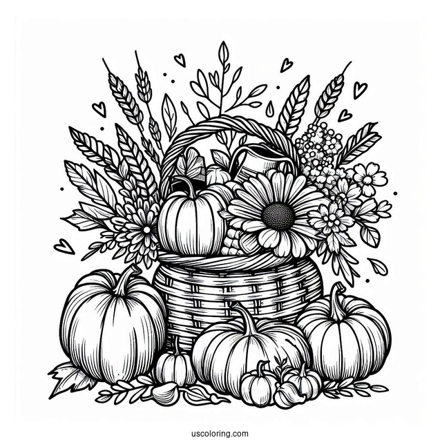 Pilgrim Coloring Page Of Cornucopia Filled With Pumpkins, Flowers, And Other Harvest