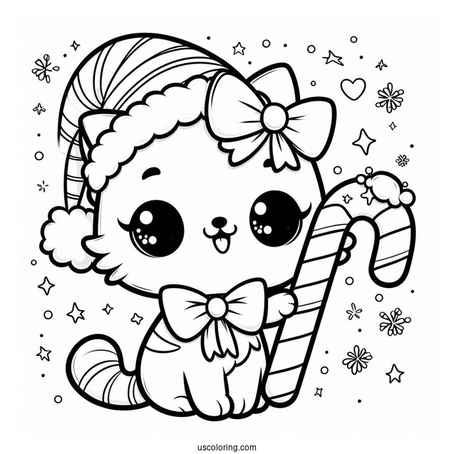 Kawaii Cat With Santa Hat Holding A Candy Cane Coloring Page For Preschoolers