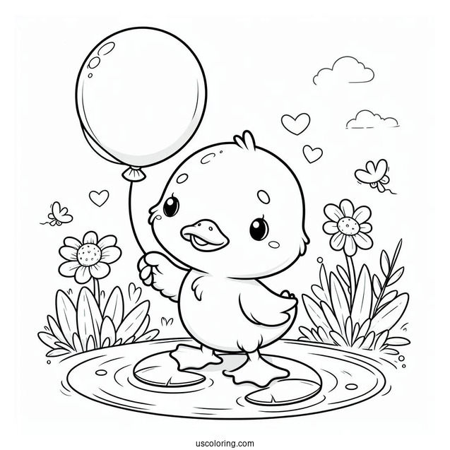 Adorable Duck With Balloon Standing On Lily Pad Coloring Sheet For Preschoolers