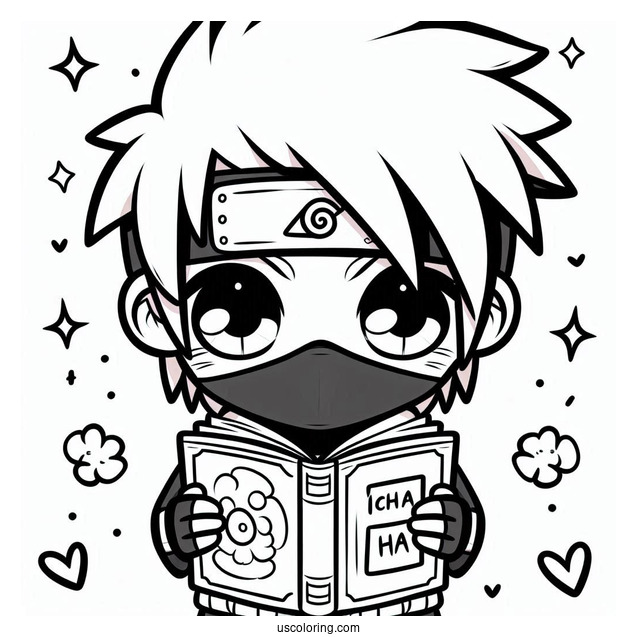 Kawaii Kakashi Coloring Page Holding An Icha Icha Book For Kids
