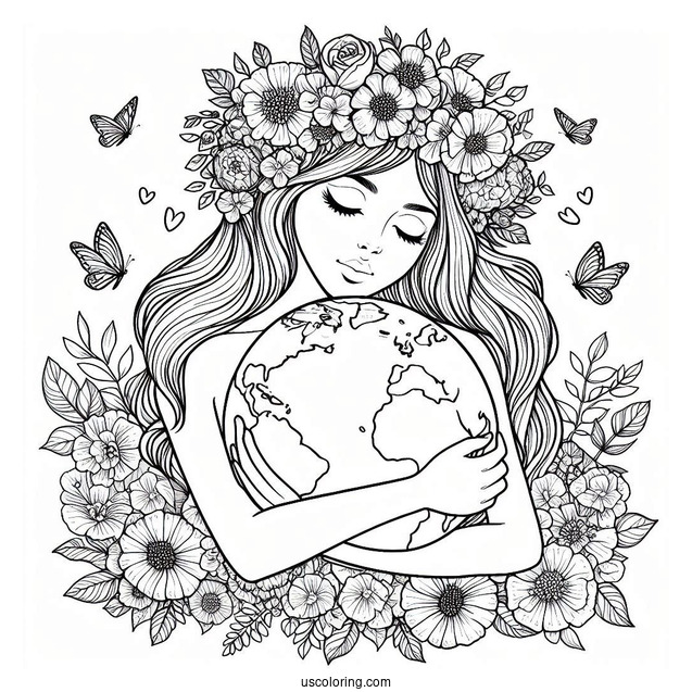 Woman With Flower Crown Hugging Earth Coloring Sheet
