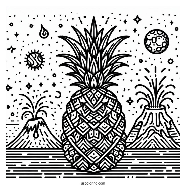 Geometric Pineapple Coloring Page With Volcano Eruption