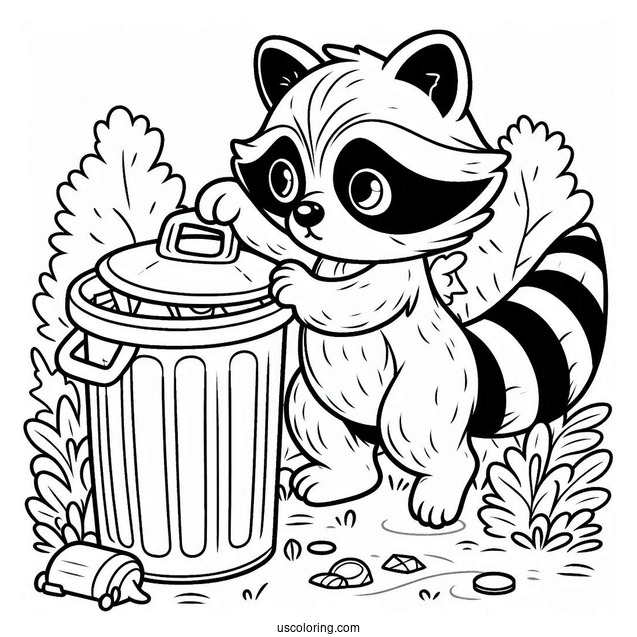 Raccoon Coloring Page Pushing A Garbage Bin