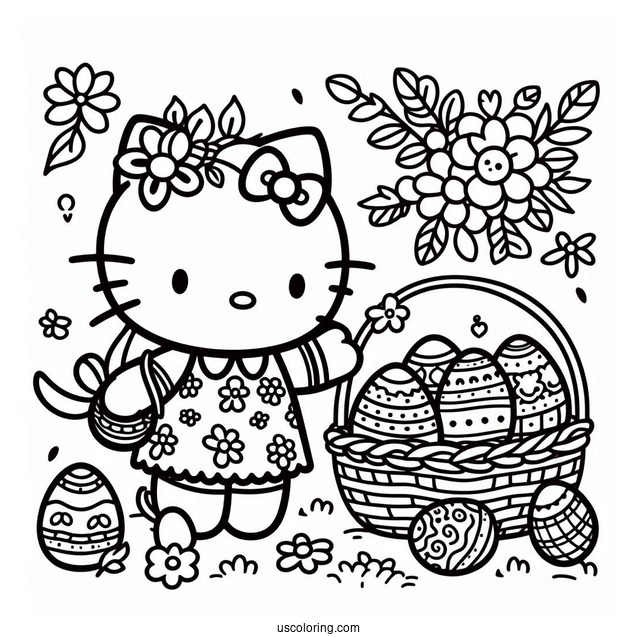 Hello Kitty Collecting Eggs Easter Coloring Page For Kids