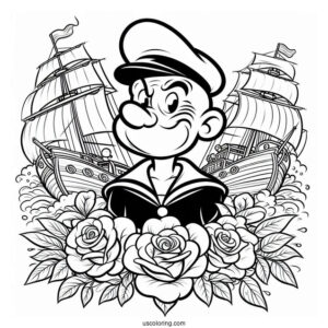 Popeye Coloring Page The Sailor Man Logo With Ship And Roses