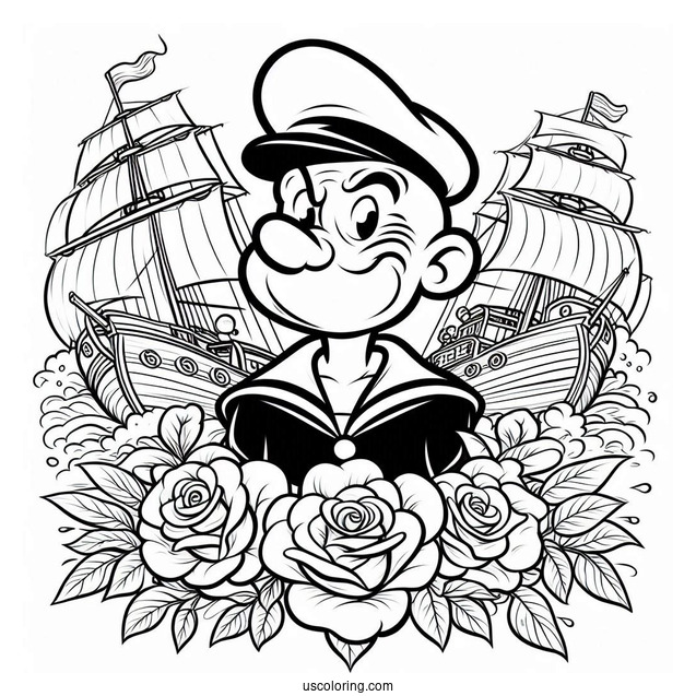 Popeye Coloring Page The Sailor Man Logo With Ship And Roses