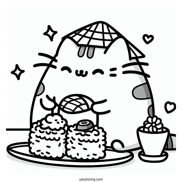 Pusheen Eating Rice And Sushi Coloring Page