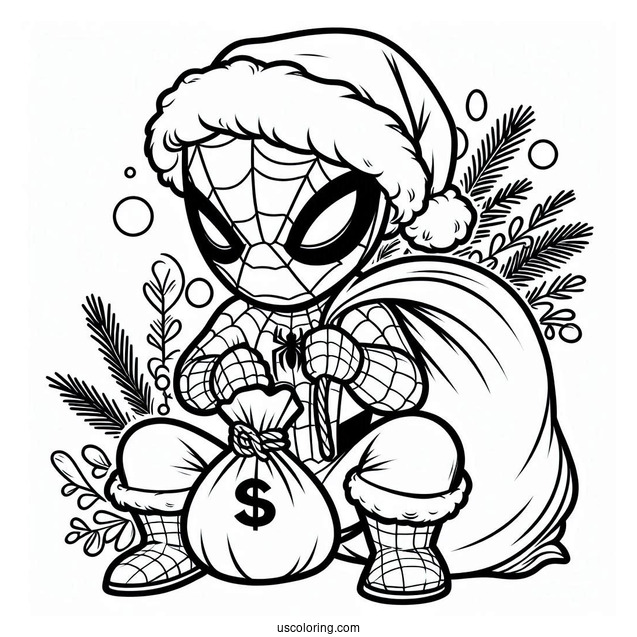 Christmas Spider-Man With Santa Sack To Color
