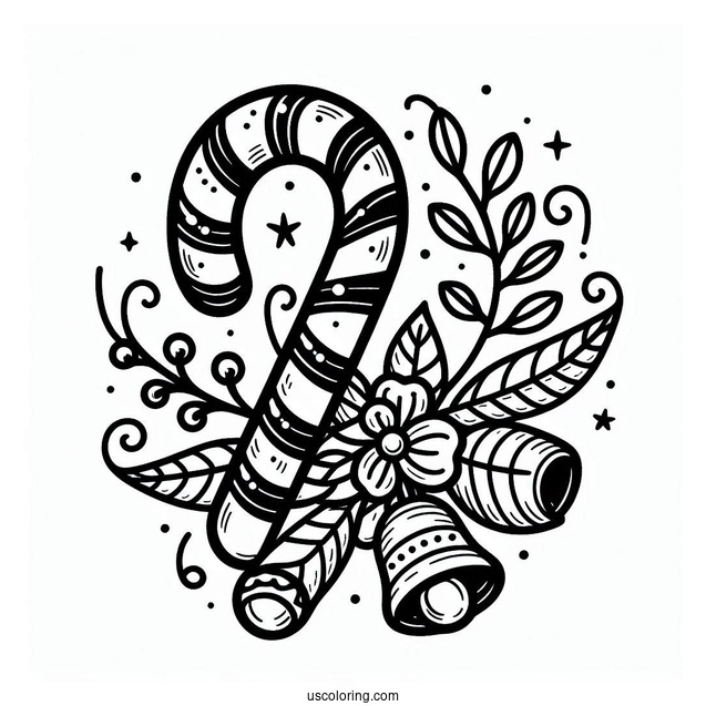 Christmas Candy Cane With Bells To Color