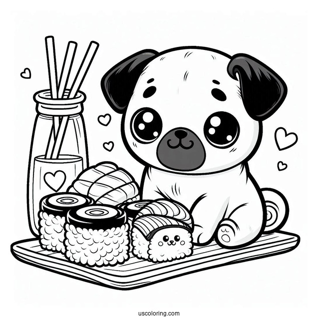 Kawaii Pug Coloring Page and Sushi Platter
