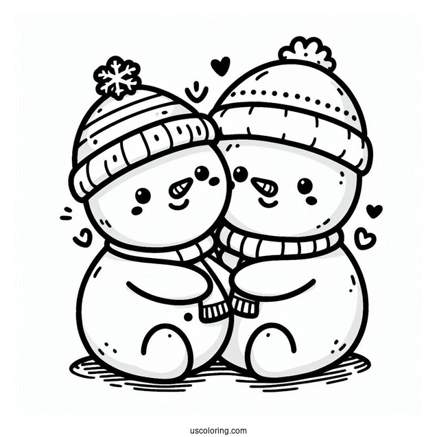 Two Cute Snowmen Hudgging Coloring Sheet