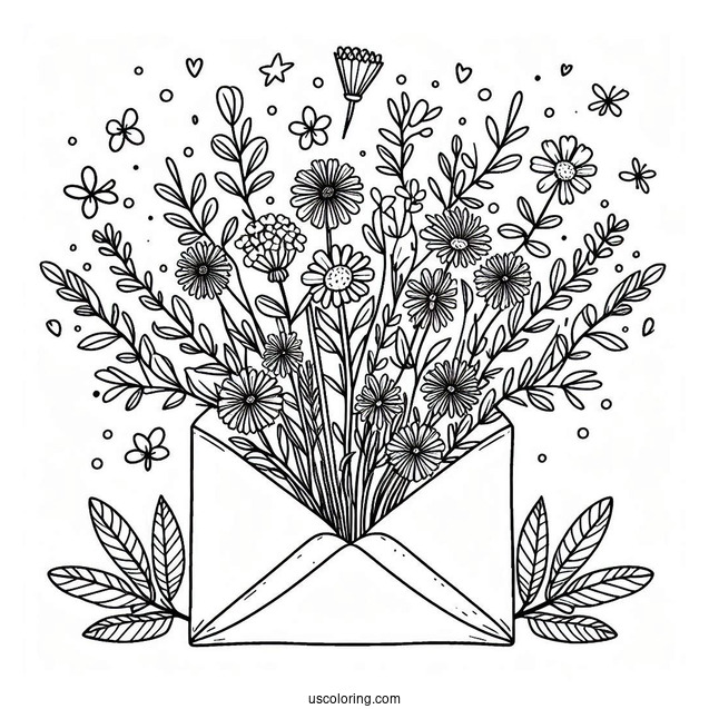 Wildflowers Bursting From An Envelope In Spring Coloring Sheet For Kids