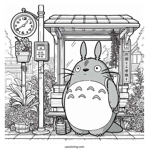 Studio Ghibli Coloring Page of Iconic My Neighbor Totoro At Bus Stop Poster