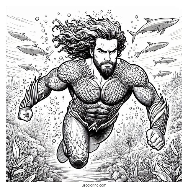 Aquaman Coloring Page Arthur Curry Swimming Underwater
