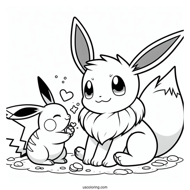 Coloring Sheet Of Eevee Playing With Pikachu