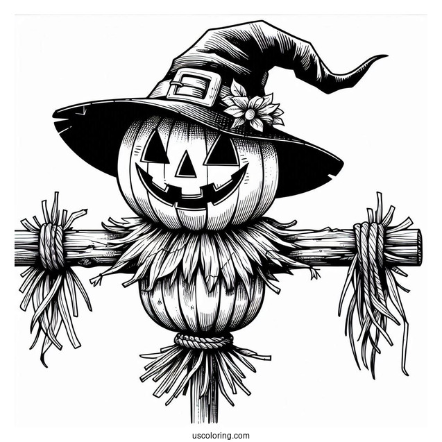 Jack O Lantern Scarecrow Coloring Page With A Top Hat On Halloween
