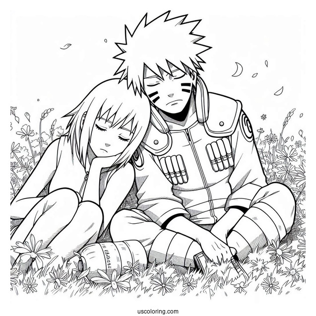 Rin Nohara Sleeping Next To Hatake Kakashi Coloring Page On The Grass