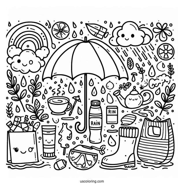 Rain Coloring Page Of Things To Bring On A Rainy Day