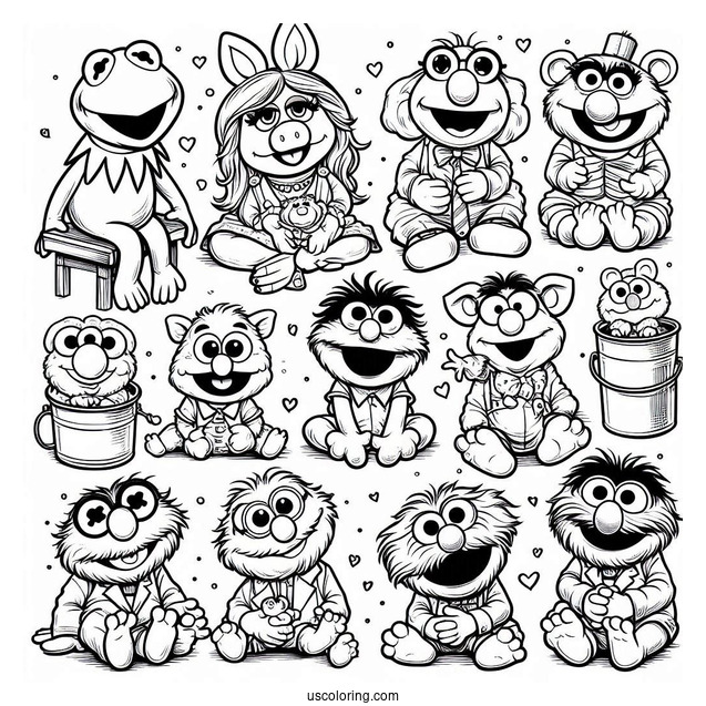 Muppets Coloring Page Of Babies Kermit, Miss Piggy, Fozzie, Gonzo, Animal, Rowlf, And Beaker
