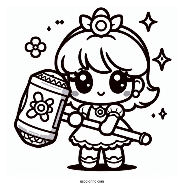 Kawaii Baby Princess Daisy Coloring Page Holding Hammer