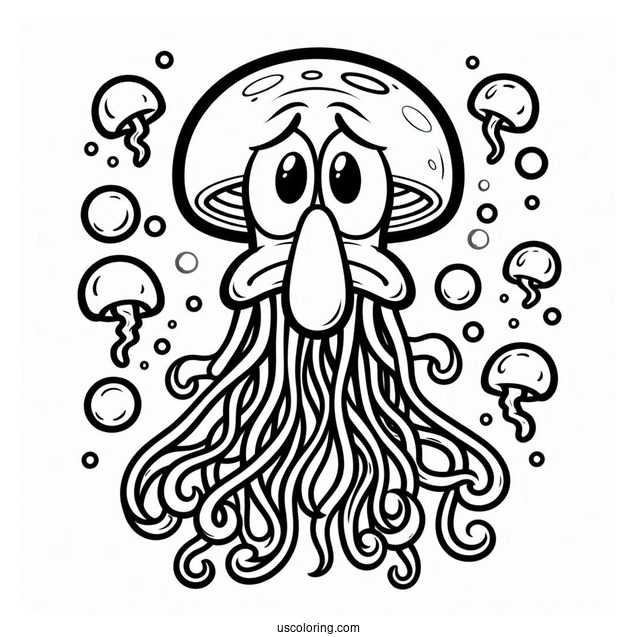 Jellyfish Scaring Squidward Coloring Page