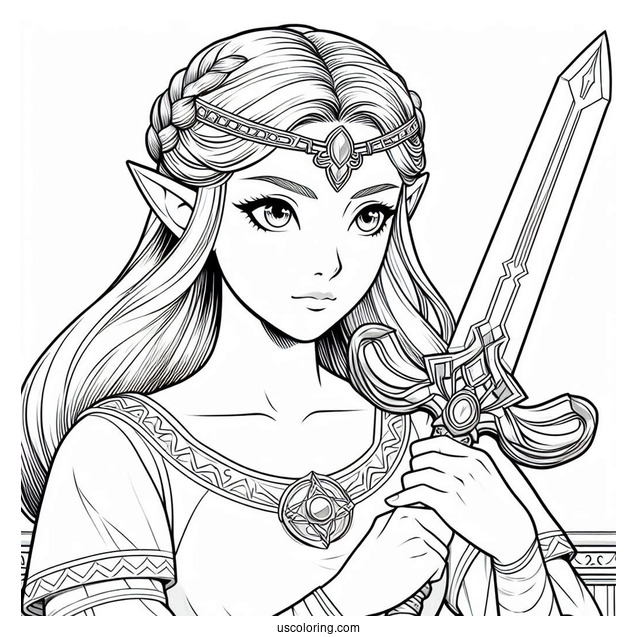 Princess Coloring Page Of Realistic Princess Zelda Holding Sword