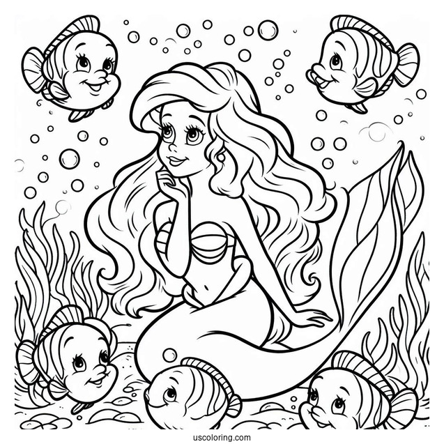 Coloring Page Of Ariel Under The Sea With Flounders
