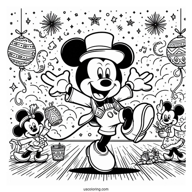 Mickey Mouse Dancing Under Happy New Years Eve Coloring Page For Kids