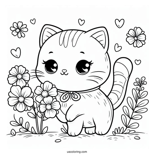 Cartoon Cat With Flowers Coloring In For Preschoolers