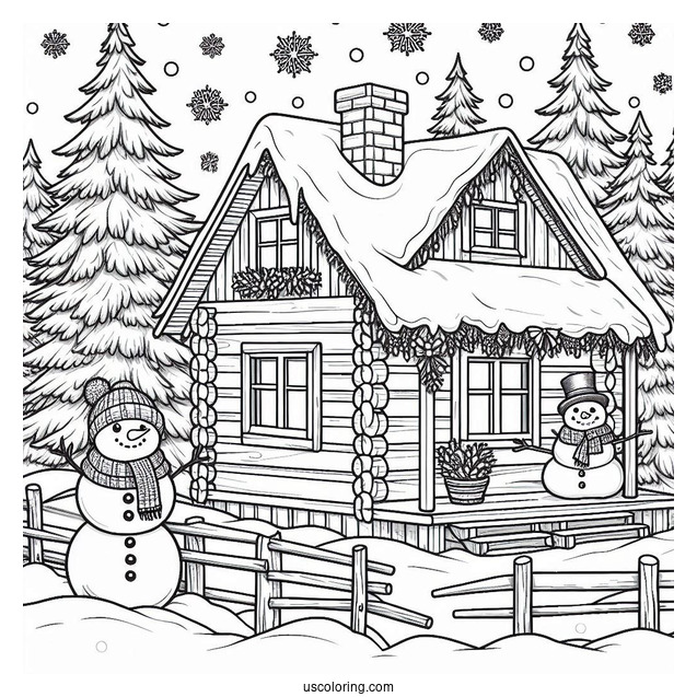 Christmas Coloring Pages For Adults Of Realistic Cabin In Winter With Snowman Outside Coloring Sheet